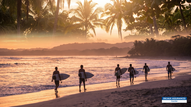Coucher de soleil et surfeurs sur la plage de Tamarindo, Guanacaste, Costa Rica