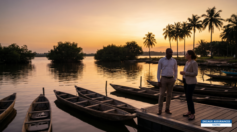 Lagune Ébrié près d'Abidjan, Côte d'Ivoire, pirogues et mangroves au coucher du soleil
