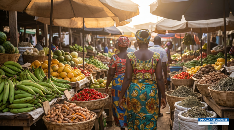 Étals colorés de fruits et légumes d'un marché d'Abidjan, Côte d'Ivoire