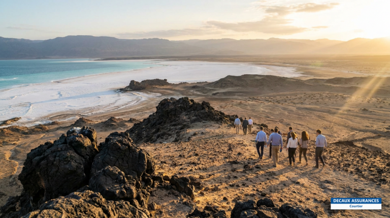 Banquise de sel et eaux turquoise du lac Assal, point le plus bas d'Afrique, Djibouti