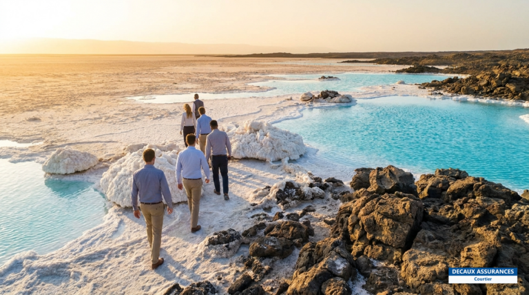 Banquise de sel blanc et eaux turquoise du lac Assal, point le plus bas d'Afrique, Djibouti