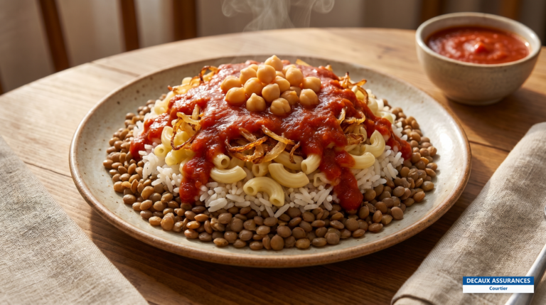 Koshari égyptien, riz, lentilles, pâtes et sauce tomate