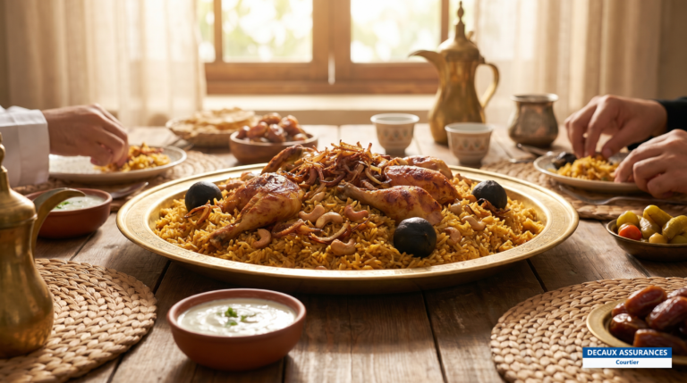 Machbous, riz épicé aux crevettes et au poulet, plat traditionnel émirien