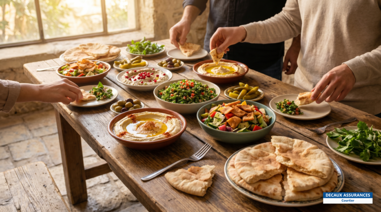 Mezze levantins et houmous servis à table, Émirats arabes unis