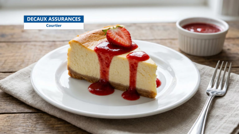 Part de New York cheesecake au coulis de fraise sur assiette blanche