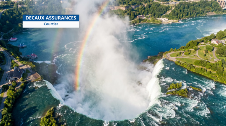 Chutes du Niagara avec brume et arc-en-ciel, vue aérienne des Horseshoe Falls