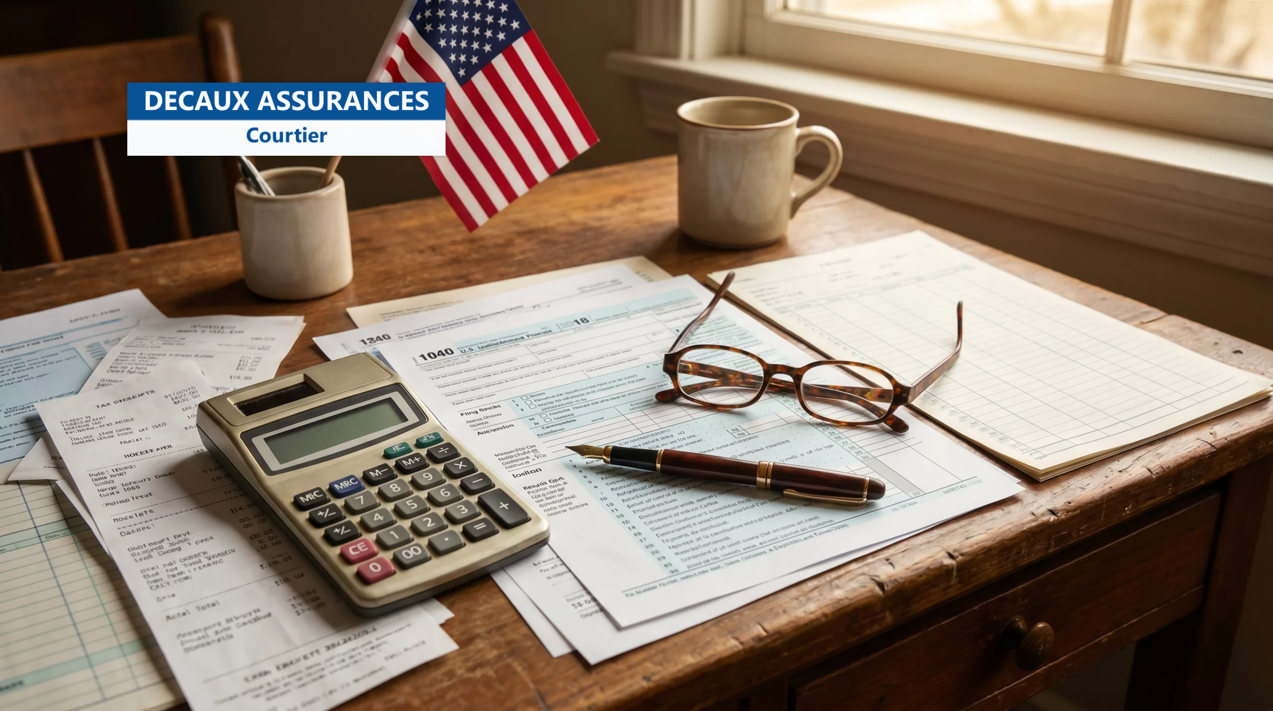 Calculatrice et documents financiers avec drapeau américain — fiscalité des expatriés aux États-Unis