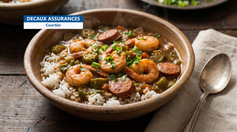 Gumbo de Louisiane aux crevettes et saucisse andouille sur riz, cuisine créole
