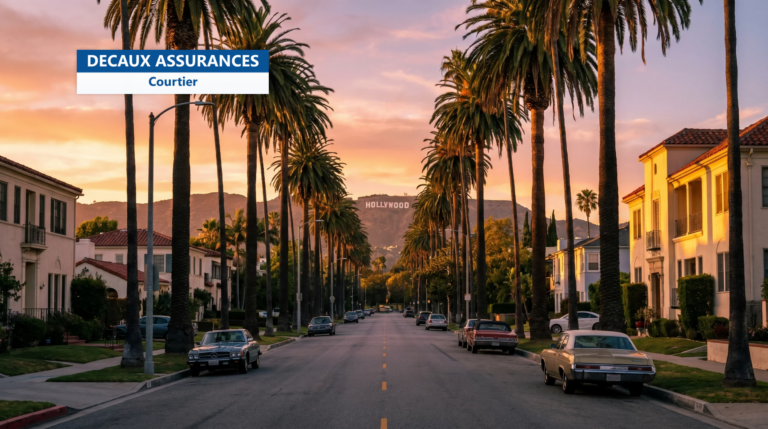 Rue bordée de palmiers à Los Angeles avec les collines d'Hollywood — vivre à Los Angeles