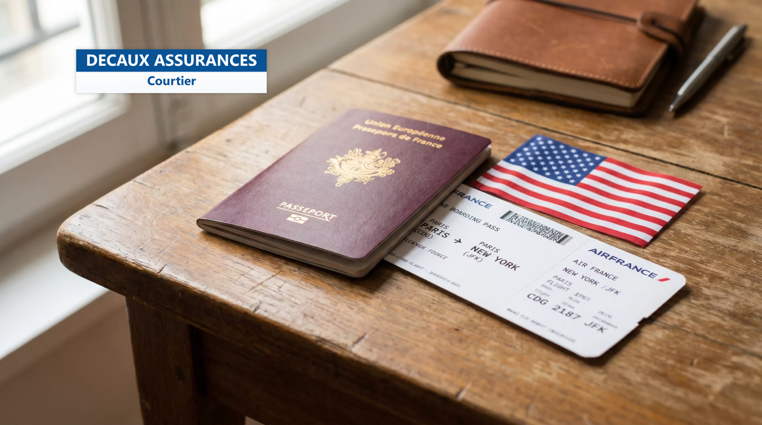 Passeport français et carte d’embarquement avec drapeau américain — préparer son visa pour les États-Unis
