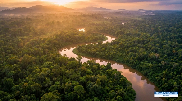 Forêt équatoriale du Gabon vue d'en haut — canopée à perte de vue et rivière sinueuse