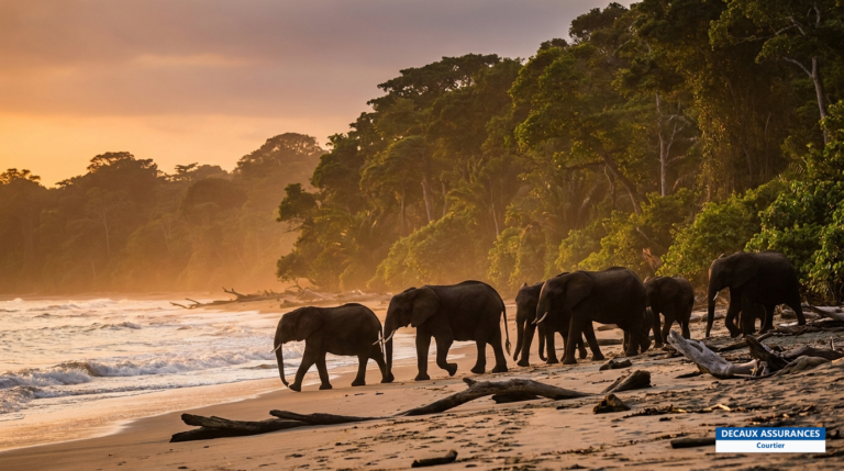 Parc national de Loango, Gabon — éléphants de forêt sur une plage atlantique sauvage