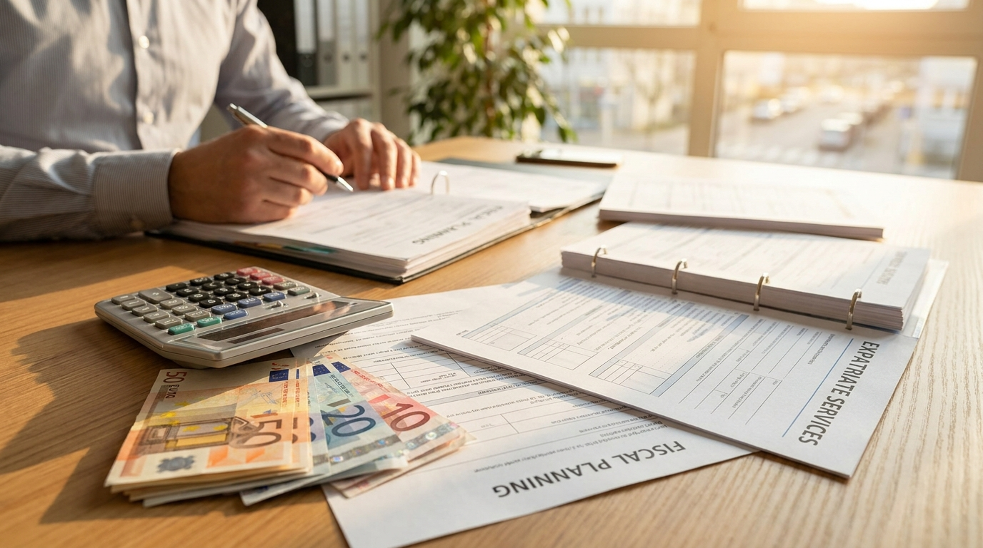 Bureau avec calculatrice et documents fiscaux — fiscalité des expatriés français en Géorgie