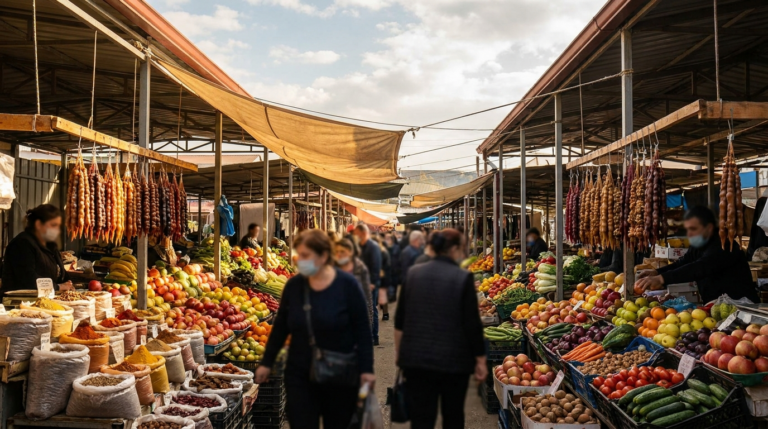 Marché et étals du Dezerter Bazaar à Tbilissi — vie quotidienne des expatriés français en Géorgie