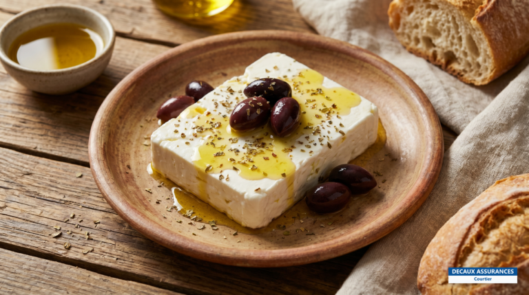 Feta, olives et huile d'olive sur une table grecque