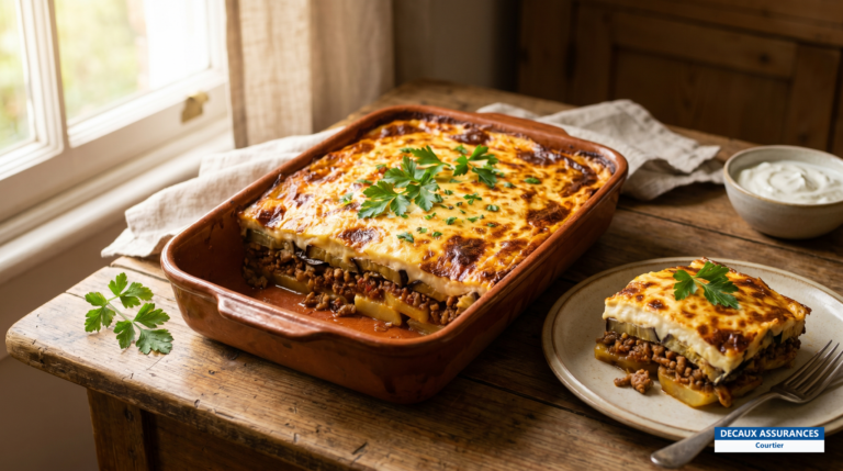Part de moussaka grecque dorée au four, aubergines et béchamel