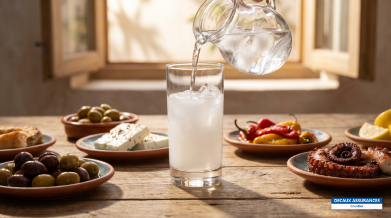 Verre d'ouzo et meze sur une table de bord de mer en Grèce
