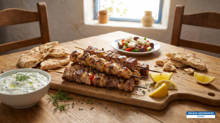 Brochettes de souvláki grillées avec pita et tzatziki, Grèce