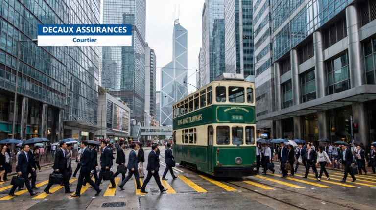 Tramway à impériale entre les gratte-ciels de Central, Hong Kong — le cœur d'affaires des expatriés