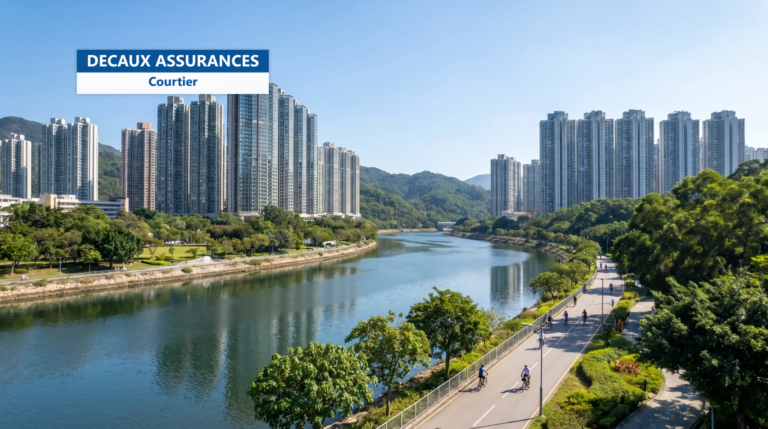 Tours résidentielles et rivière Shing Mun à Sha Tin, Nouveaux Territoires, Hong Kong