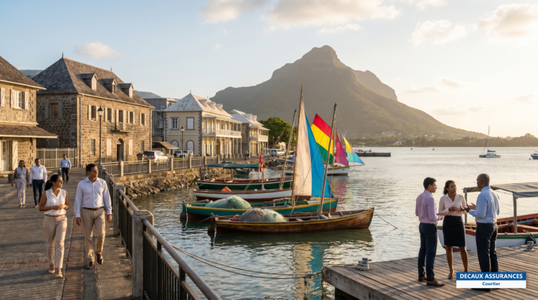Front de mer de Mahébourg et montagne du Lion, sud-est de l'île Maurice