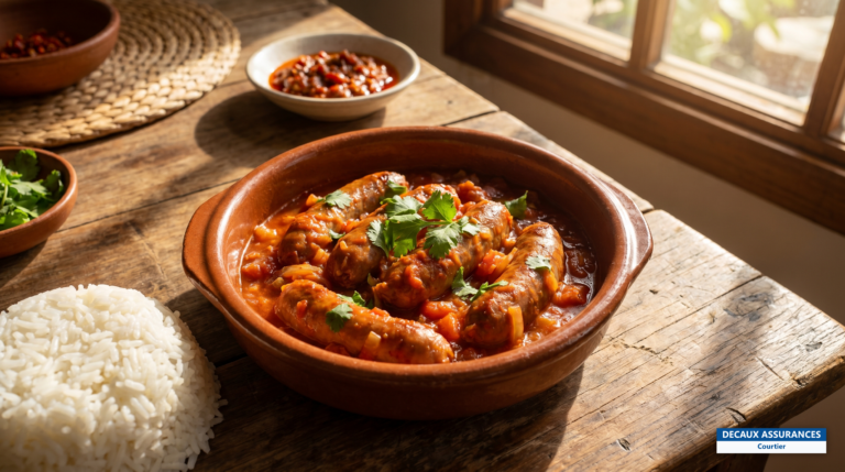 Rougail saucisses mauricien servi avec du riz, île Maurice