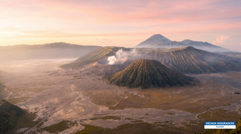 Caldeira et fumerolles du mont Bromo à l'aube, Java oriental, Indonésie
