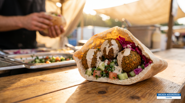 Falafels dorés servis en pita avec salades, street food israélienne