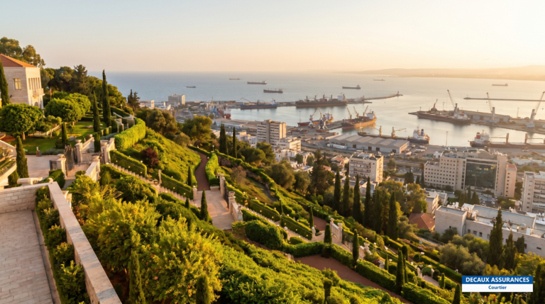 Baie et jardins en terrasses de Haïfa, grand port du nord d'Israël