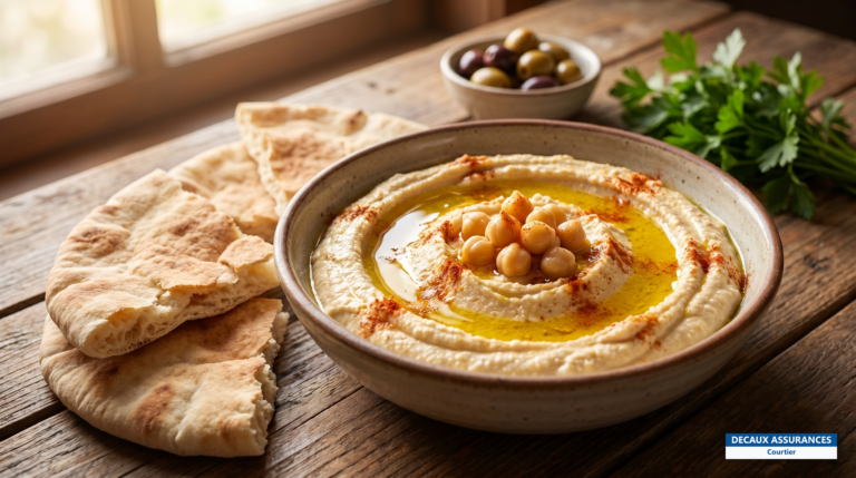 Assiette de houmous à l'huile d'olive et pois chiches, cuisine israélienne