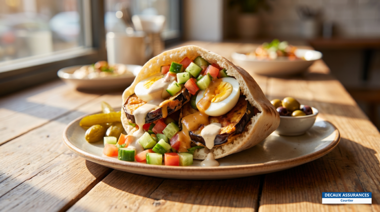 Sabich en pita avec aubergine, œuf et salades, cuisine israélienne