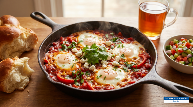 Shakshuka, œufs pochés dans une sauce tomate épicée, plat israélien