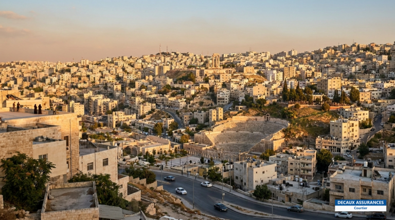 Panorama d'Amman sur ses collines calcaires, Jordanie — citadelle et théâtre romain