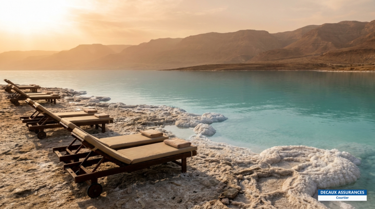 Rivage de la mer Morte côté jordanien — eau turquoise et cristaux de sel
