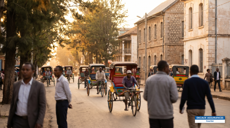 Pousse-pousse colorés dans une avenue d'Antsirabe, ville thermale des hautes terres de Madagascar