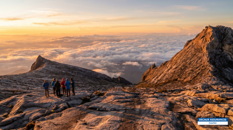Sommet granitique du mont Kinabalu émergeant des nuages, Sabah, Bornéo malaisien