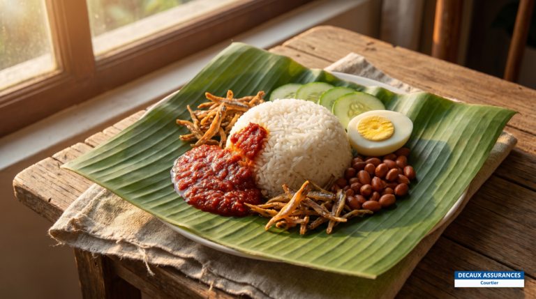 Nasi lemak servi sur feuille de bananier, plat national malaisien