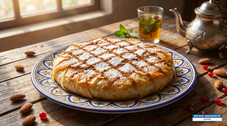 Pastilla feuilletée au pigeon ou au poulet saupoudrée de sucre et cannelle, Maroc