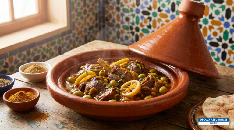 Tajine marocain mijoté servi dans son plat en terre cuite