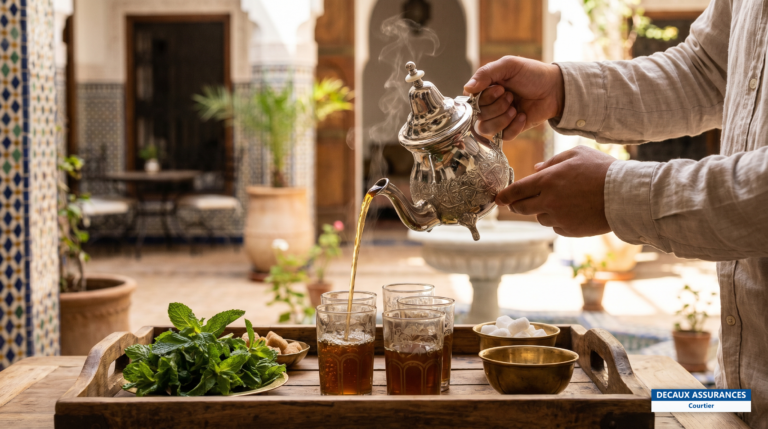 Thé à la menthe versé dans des verres traditionnels, Maroc