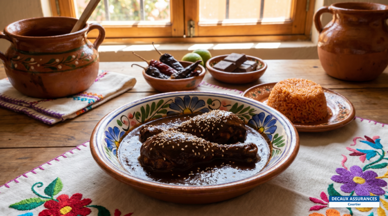 Mole poblano servi avec du riz, spécialité de Puebla, Mexique