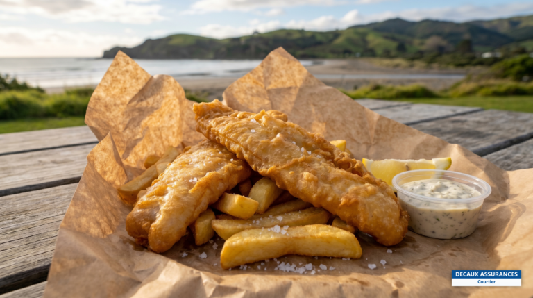 Fish and chips au poisson local servi en bord de mer, Nouvelle-Zélande