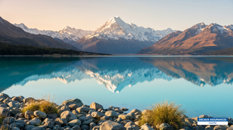 Aoraki / Mount Cook enneigé et lac Pukaki turquoise, Nouvelle-Zélande