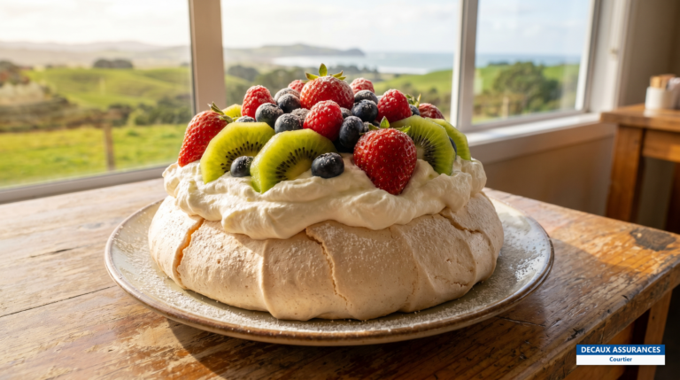 Pavlova meringuée garnie de fruits frais, dessert de Nouvelle-Zélande