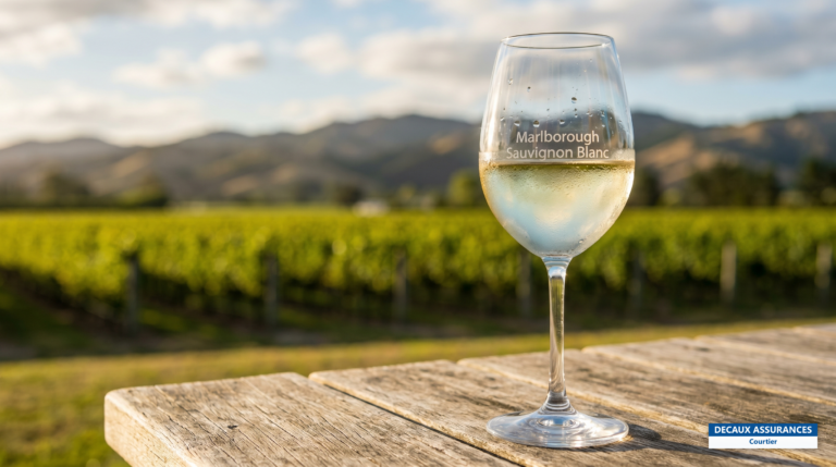 Vignobles de Marlborough et verre de sauvignon blanc, Nouvelle-Zélande