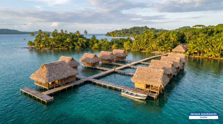 Bungalows sur pilotis et eaux turquoise de l'archipel de Bocas del Toro, Panama