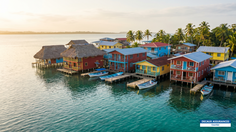 Maisons sur pilotis et mer turquoise de Bocas del Toro, côte caraïbe du Panama