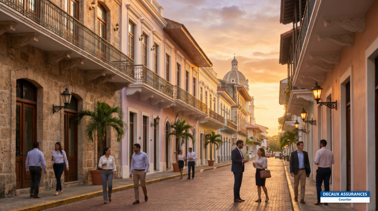 Ruelles et façades coloniales du Casco Viejo de Panama City au coucher du soleil