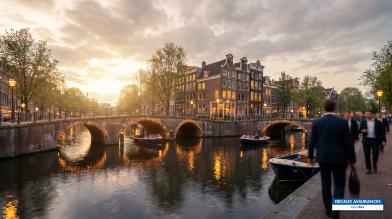 Canaux et ponts illuminés d'Amsterdam au crépuscule, Pays-Bas