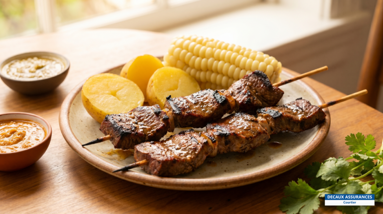 Brochettes d'anticuchos grillées au charbon, street food péruvienne